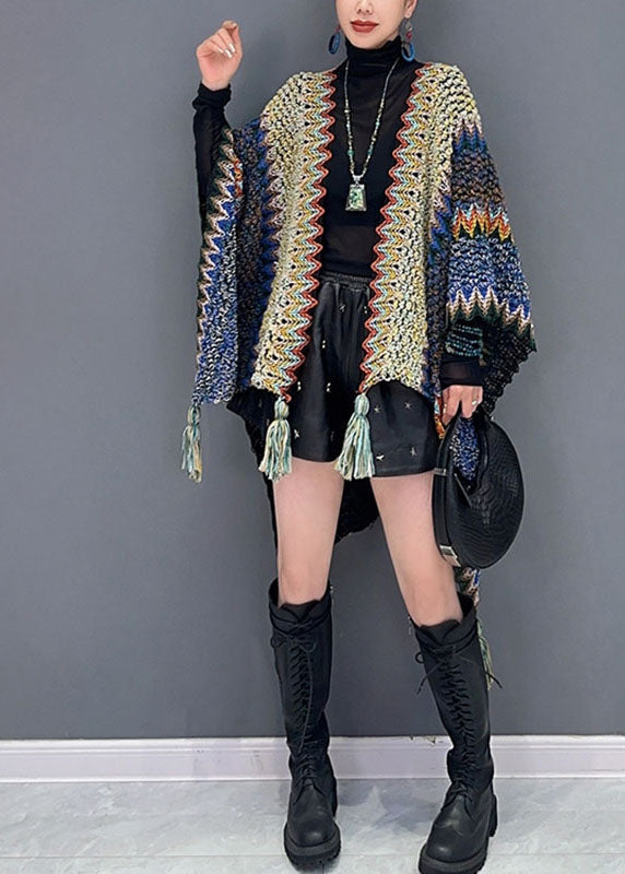 Diy Pink Striped Patchwork Tassel Knit Cape Fall
