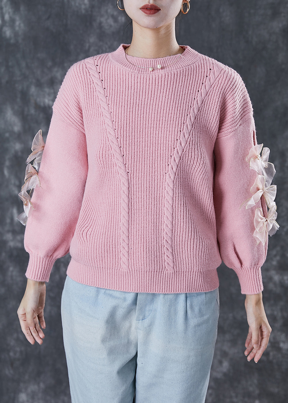 Diy Pink Thick Patchwork Bow Knit Sweater Winter