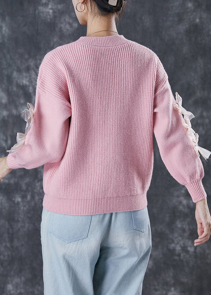 Diy Pink Thick Patchwork Bow Knit Sweater Winter