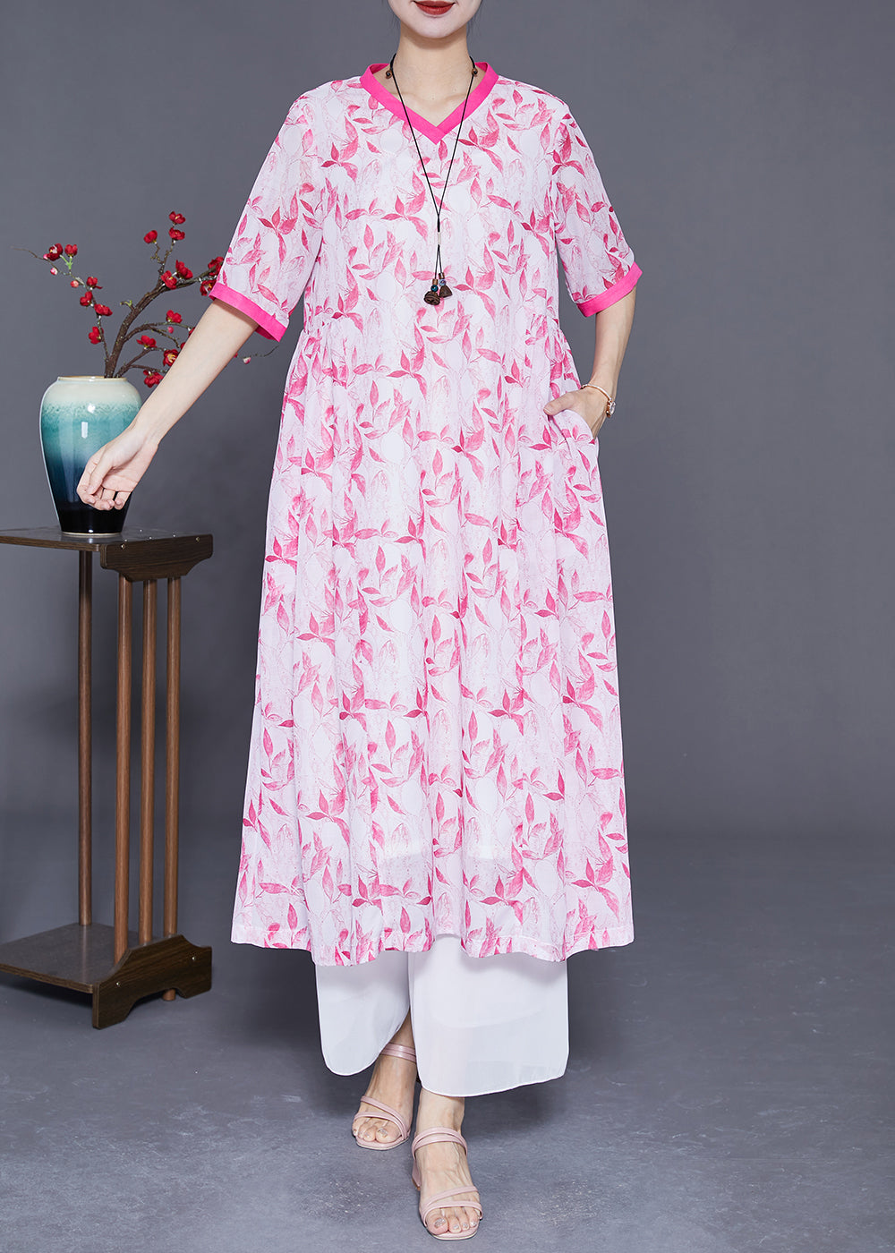 Diy Pink V Neck Patchwork Print Linen Dress Summer