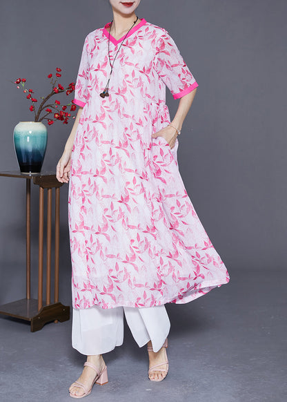 Diy Pink V Neck Patchwork Print Linen Dress Summer
