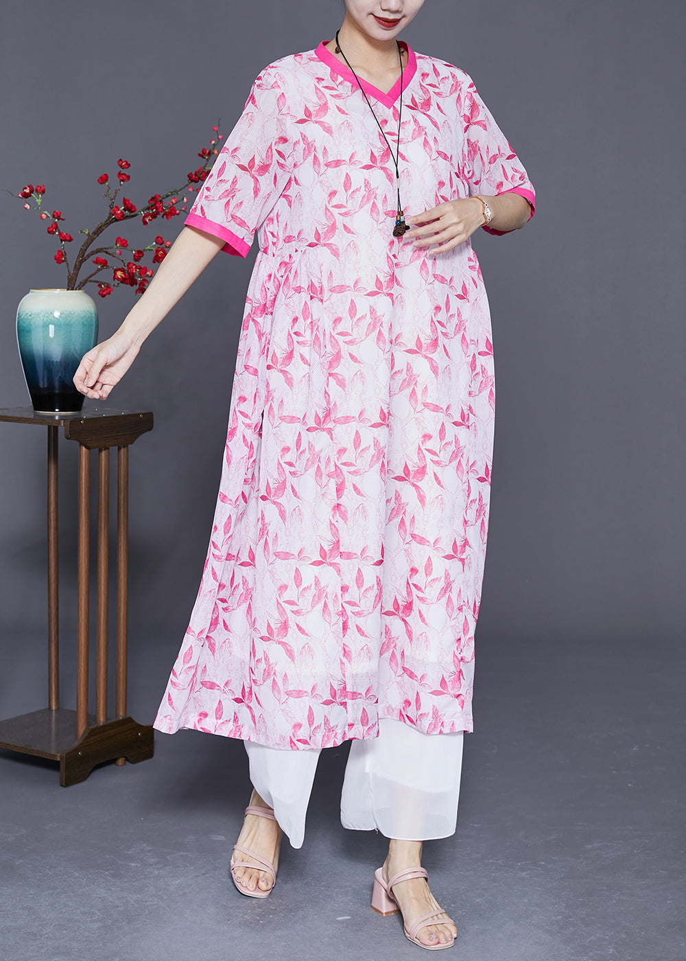 Diy Pink V Neck Patchwork Print Linen Dress Summer