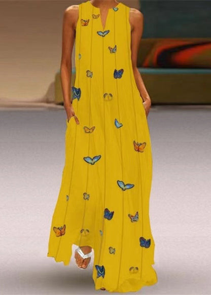 Diy Pink V Neck Print Pockets Long Dress Sleeveless