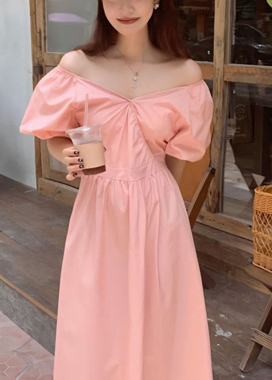 Diy Pink V Neck Wrinkled Patchwork Cotton Long Dress Summer