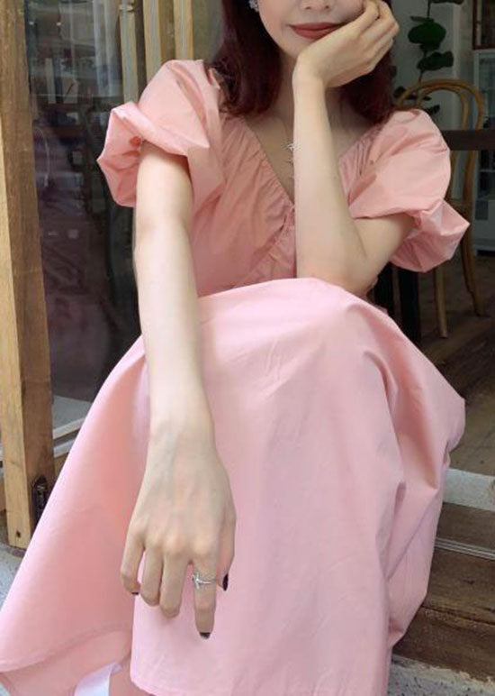 Diy Pink V Neck Wrinkled Patchwork Cotton Long Dress Summer