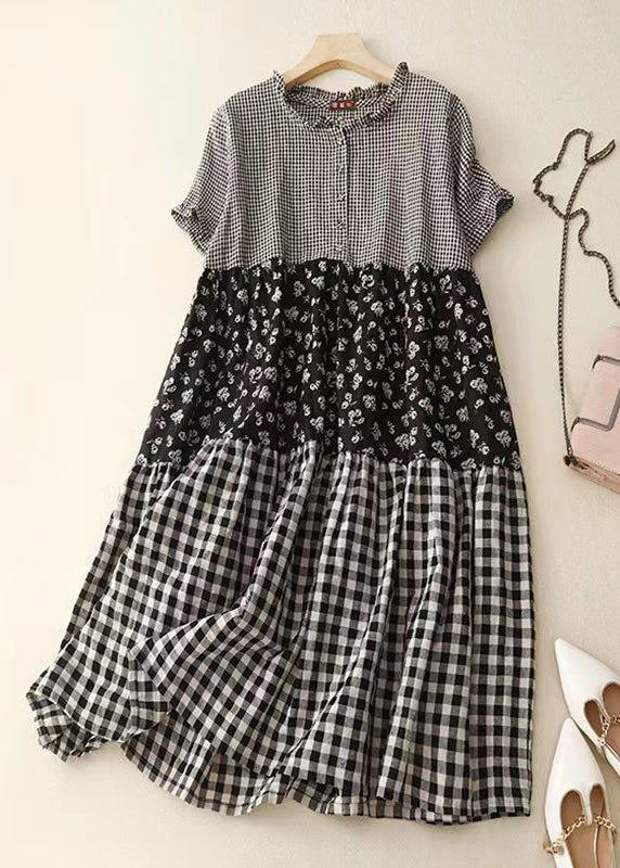 Diy Plaid Ruffled Print Patchwork Cotton Dress Summer