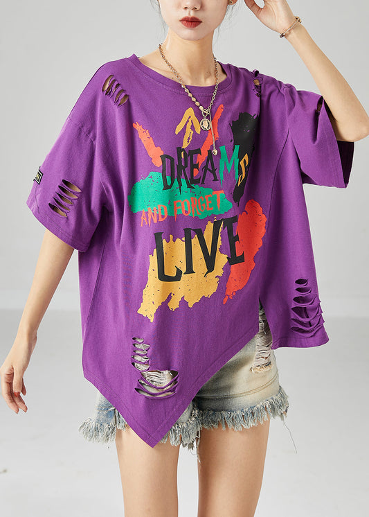 Diy Purple Asymmetrical Print Cotton Tank Tops Summer