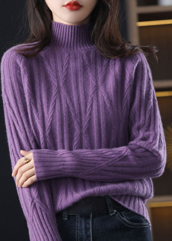 Diy Purple High Neck Thick Wool Cable Knitted Tops Winter