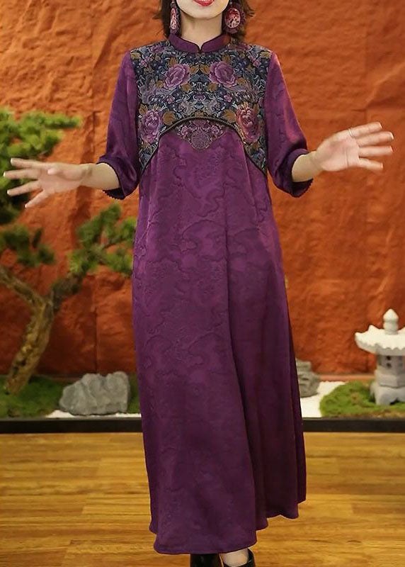 Diy Purple Mandarin Collar Patchwork Jacquard Silk Dresses Half Sleeve