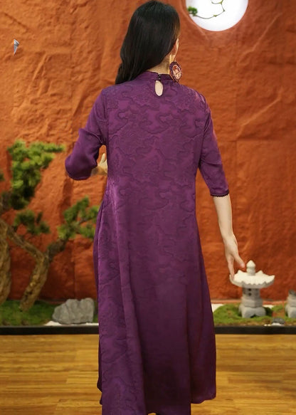 Diy Purple Mandarin Collar Patchwork Jacquard Silk Dresses Half Sleeve