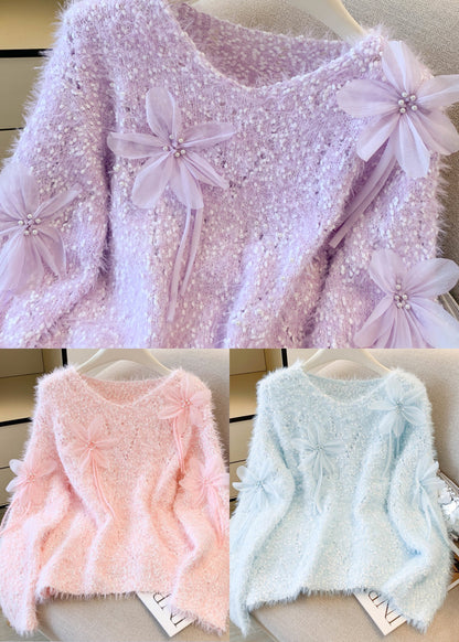 Diy Purple Oversized Faux Mink Hair Knitted Pullover Winter