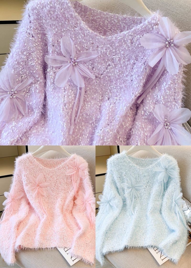 Diy Purple Oversized Faux Mink Hair Knitted Pullover Winter