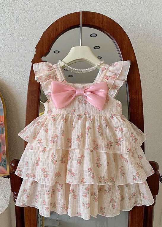 Diy Purple Print Bow Wrinkled Patchwork Cotton Kids Dress Summer