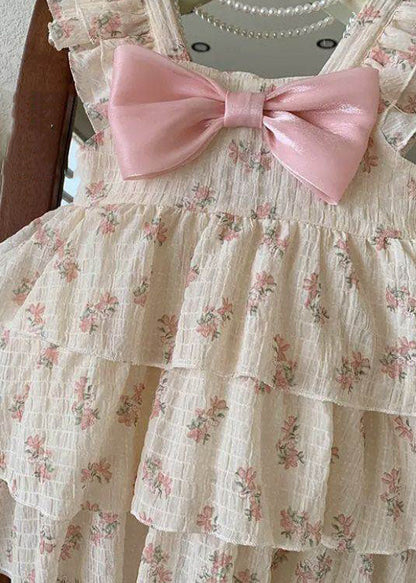 Diy Purple Print Bow Wrinkled Patchwork Cotton Kids Dress Summer