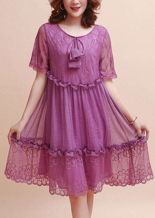 Diy Purple Ruffled Embroidered Silk Dress Summer