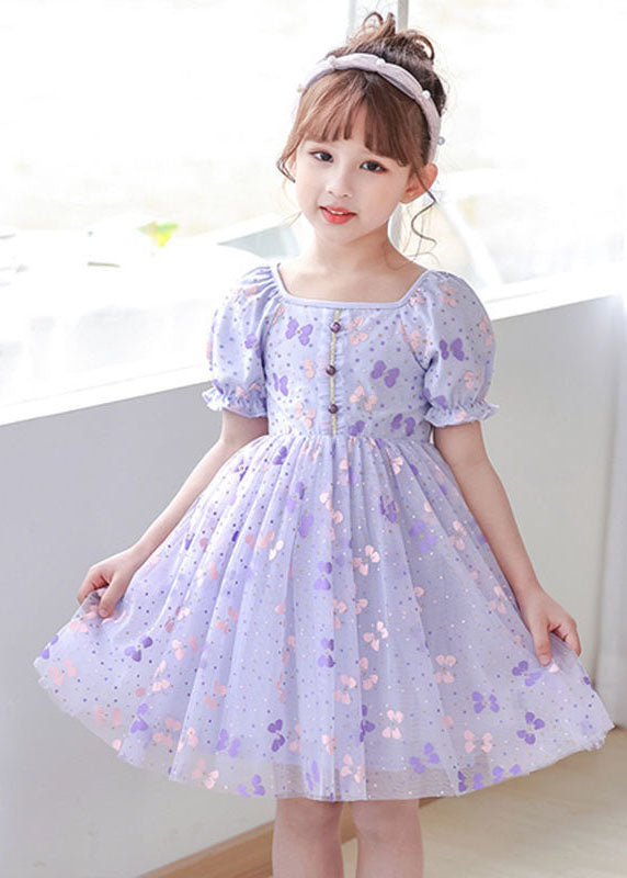 Diy Purple Square Collar Wrinkled Print Patchwork Tulle Baby Dresses Summer