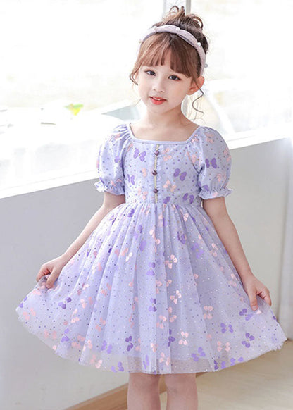 Diy Purple Square Collar Wrinkled Print Patchwork Tulle Baby Dresses Summer