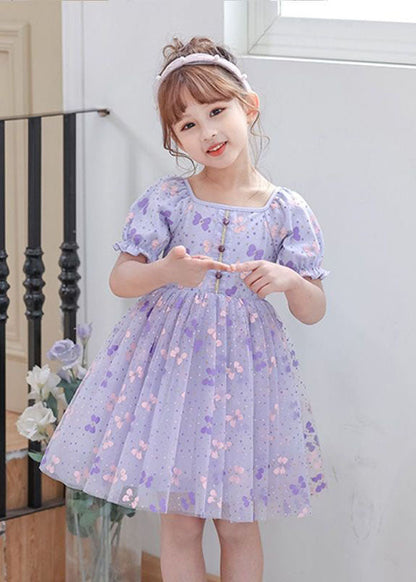 Diy Purple Square Collar Wrinkled Print Patchwork Tulle Baby Dresses Summer