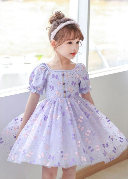 Diy Purple Square Collar Wrinkled Print Patchwork Tulle Baby Dresses Summer