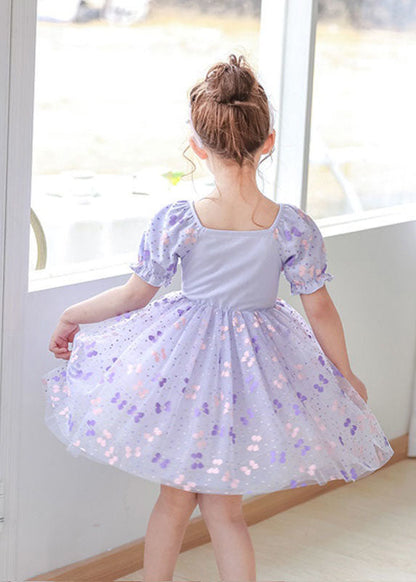Diy Purple Square Collar Wrinkled Print Patchwork Tulle Baby Dresses Summer