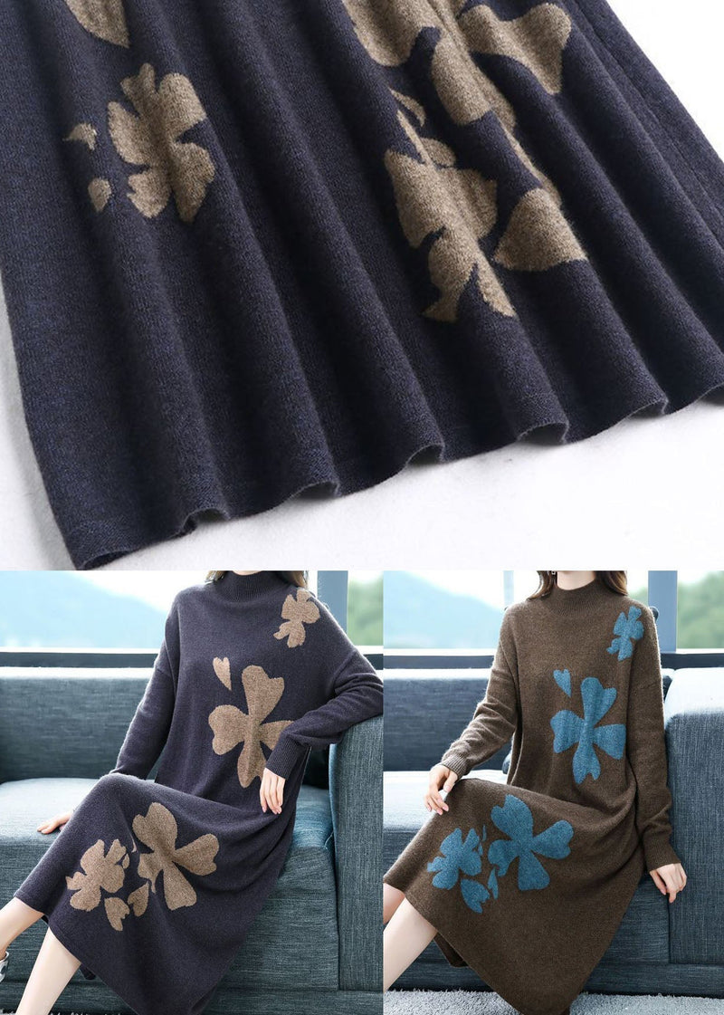Diy Purple Stand Collar Embroideried Knit Cashmere Sweater Dress Long Sleeve