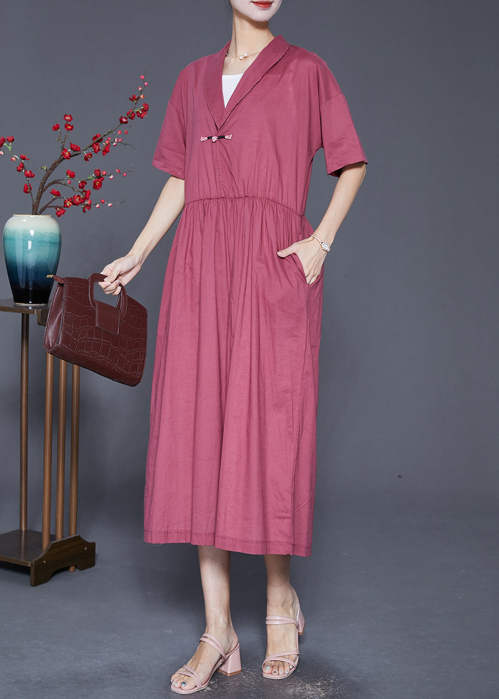 Diy Red Chinese Button Exra Large Hem Linen Maxi Dresses Summer