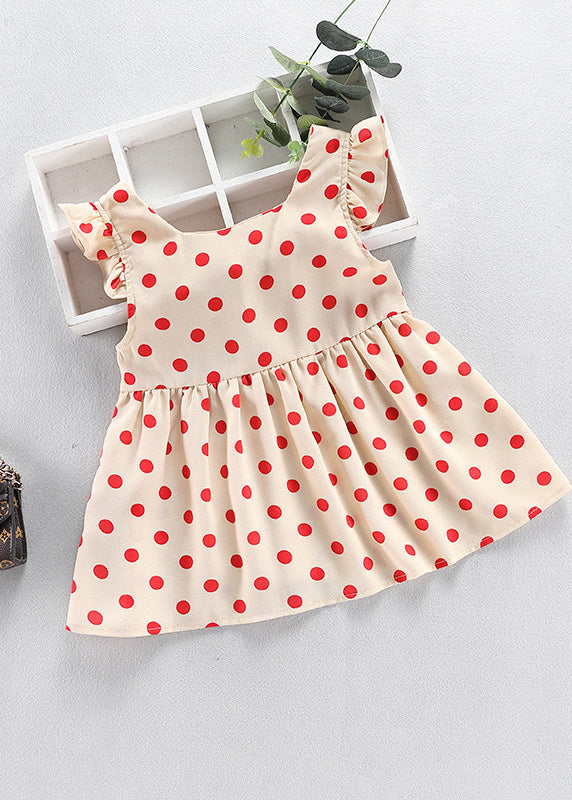 Diy Red O-neck Dot Print Wrinkled Kids Mid Dress Sleeveless