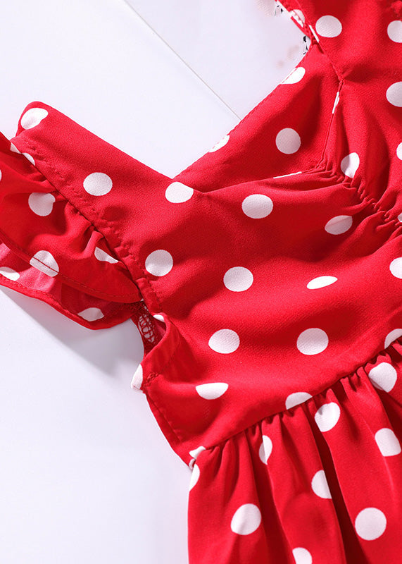Diy Red O-neck Dot Print Wrinkled Kids Mid Dress Sleeveless