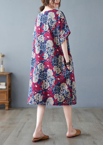 Diy Red O-neck Print Pockets Cotton Holiday Dress Short Sleeve
