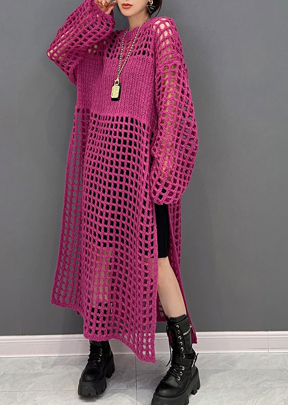Diy Red O-neck Hollow Out Side Open Knit Long Dresses Spring