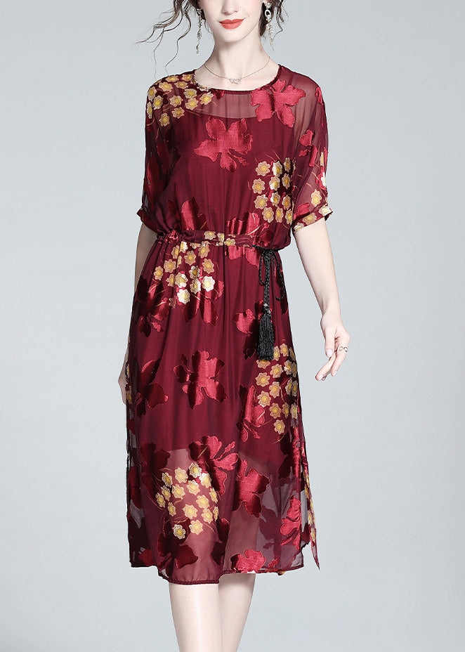 Diy Red O-neck Print Tunic Silk Maxi Dresses and Slip Dress Two Pieces Set Summer