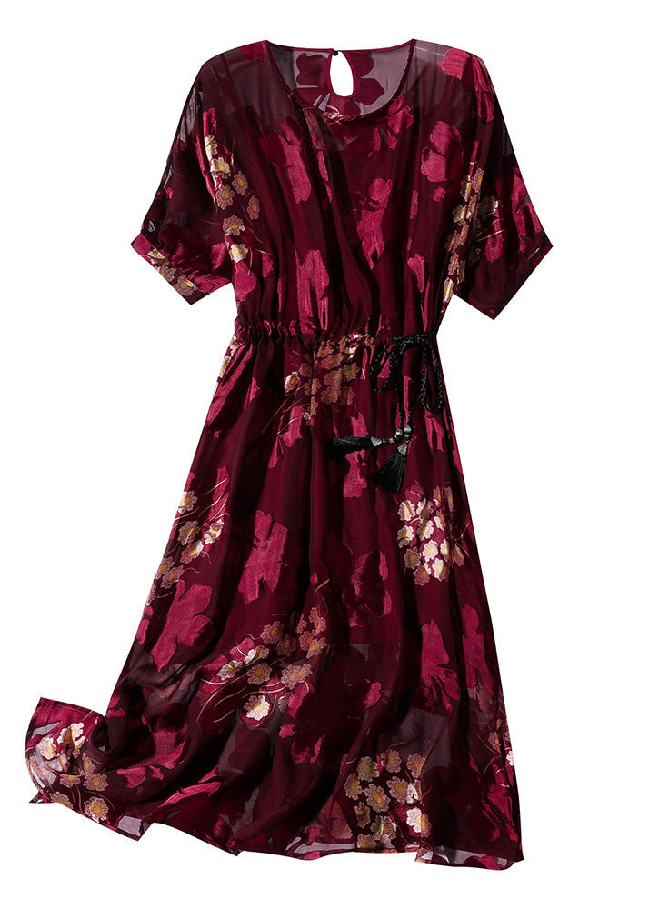 Diy Red O-neck Print Tunic Silk Maxi Dresses and Slip Dress Two Pieces Set Summer