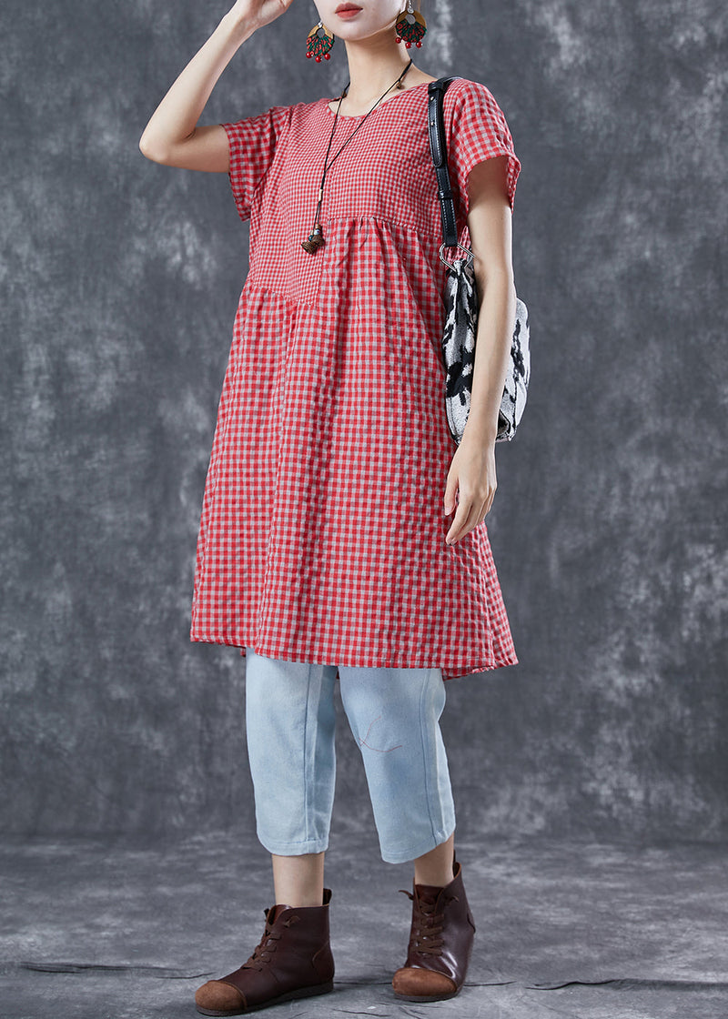 Diy Red Oversized Patchwork Plaid Linen Dresses Summer