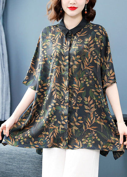 Diy Red Peter Pan Collar Print Patchwork Silk Shirts Summer