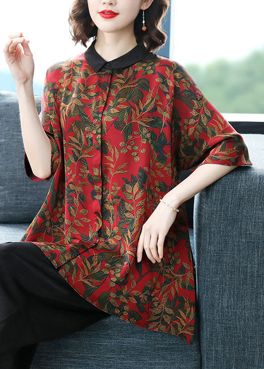 Diy Red Peter Pan Collar Print Patchwork Silk Shirts Summer