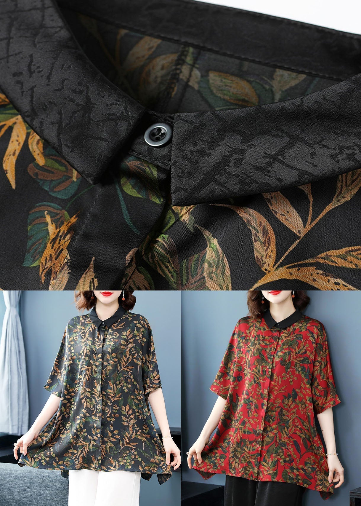 Diy Red Peter Pan Collar Print Patchwork Silk Shirts Summer