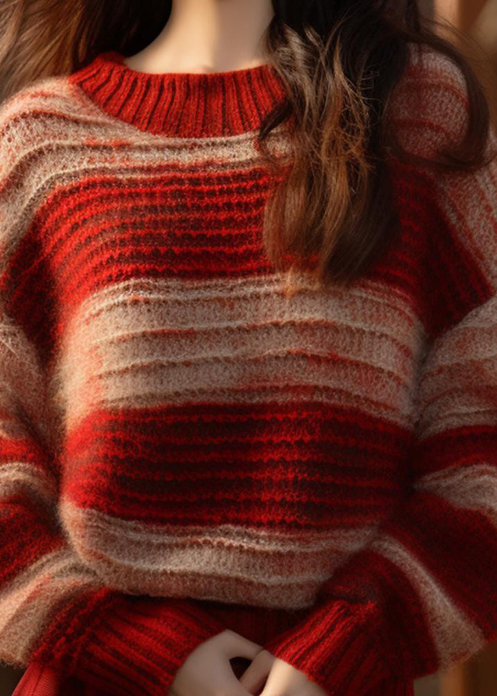 Diy Red Stand Collar Striped Patchwork Cotton Knit Sweater Fall