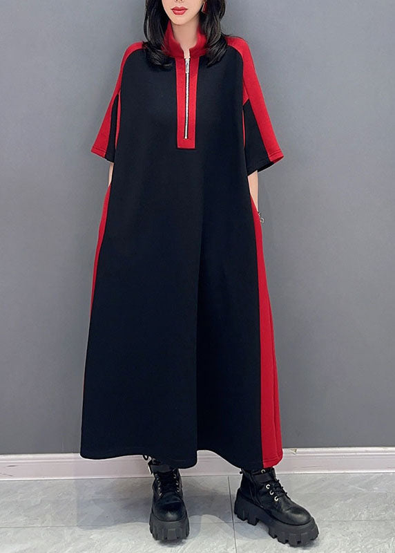 Diy Red Turtleneck Zip Up Tie Waist Patchwork Cotton Dresses Summer
