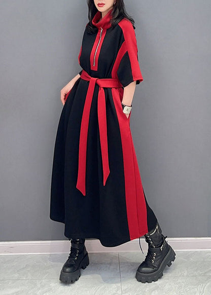 Diy Red Turtleneck Zip Up Tie Waist Patchwork Cotton Dresses Summer