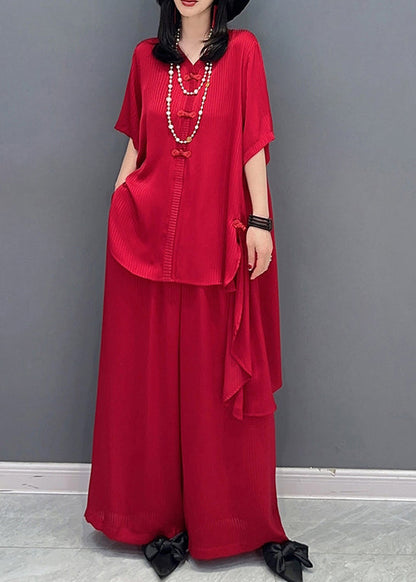 Diy Red V Neck Asymmetrical Shirts and Wide Leg Pants Two Piece Set Spring