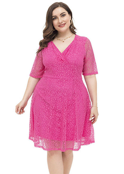 Diy Rose High Waist Patchwork Lace Mid Dress Short Sleeve