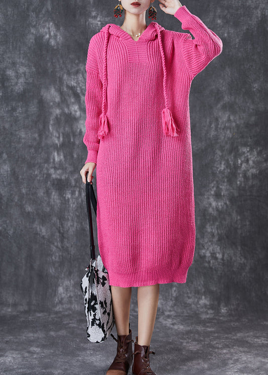 Diy Rose Hooded Drawstring Knit Pullover Sweatshirt Dress Fall