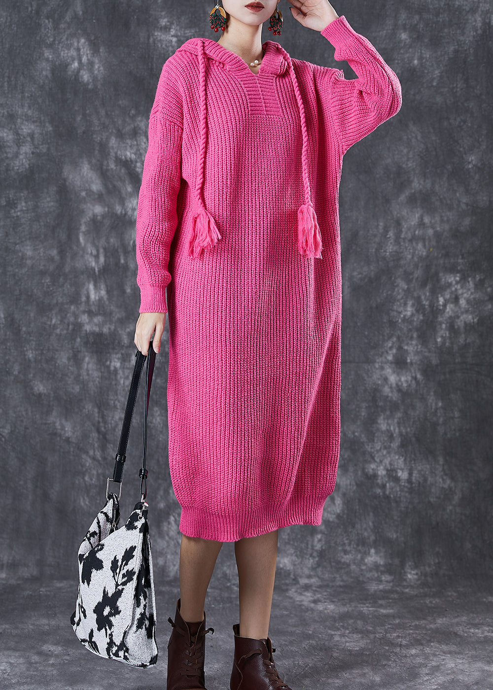 Diy Rose Hooded Drawstring Knit Pullover Sweatshirt Dress Fall