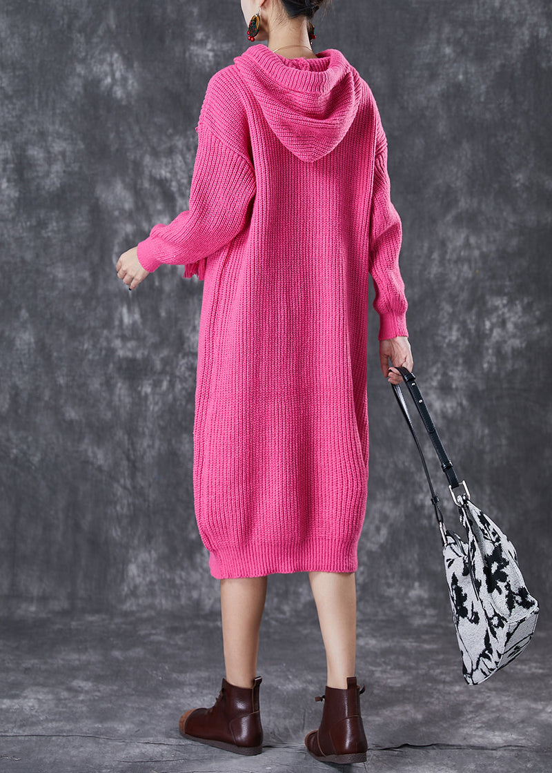 Diy Rose Hooded Drawstring Knit Pullover Sweatshirt Dress Fall