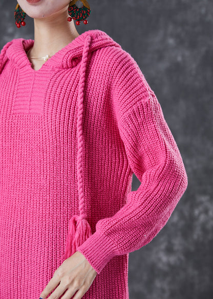 Diy Rose Hooded Drawstring Knit Pullover Sweatshirt Dress Fall