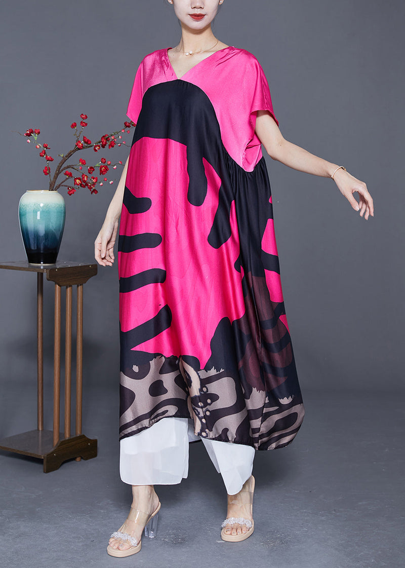 Diy Rose V Neck Patchwork Print Silk Maxi Dresses Summer