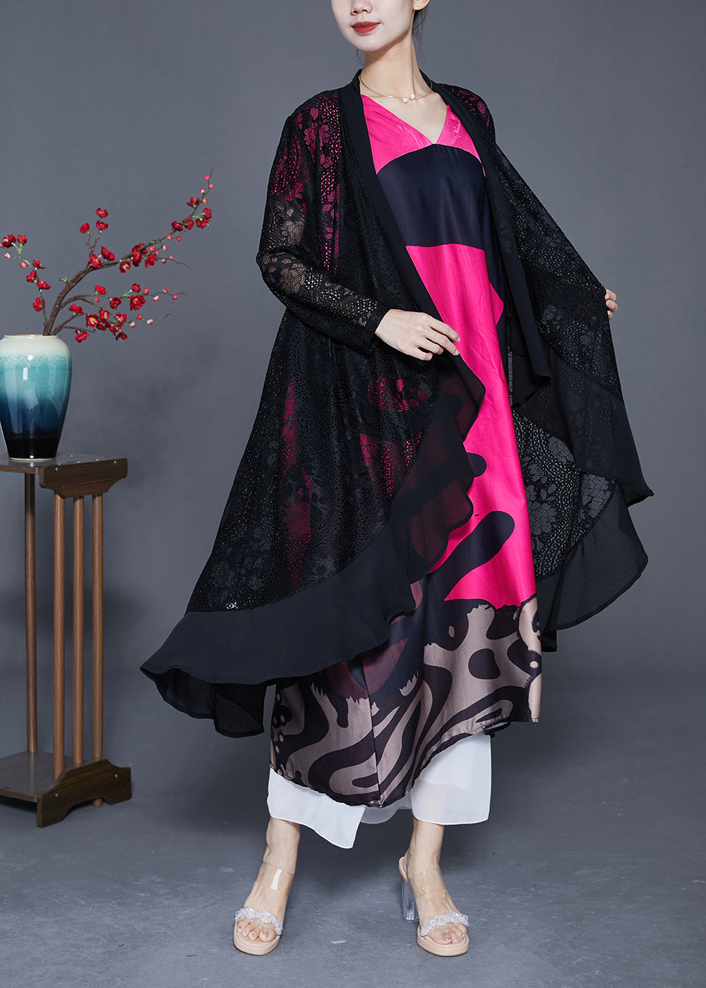 Diy Rose V Neck Patchwork Print Silk Maxi Dresses Summer