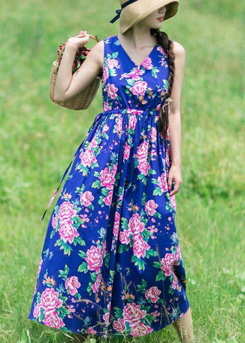 Diy Summer Sleeveless Clothes Work Blue Print Dresses
