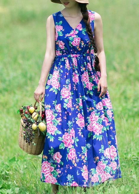 Diy Summer Sleeveless Clothes Work Blue Print Dresses