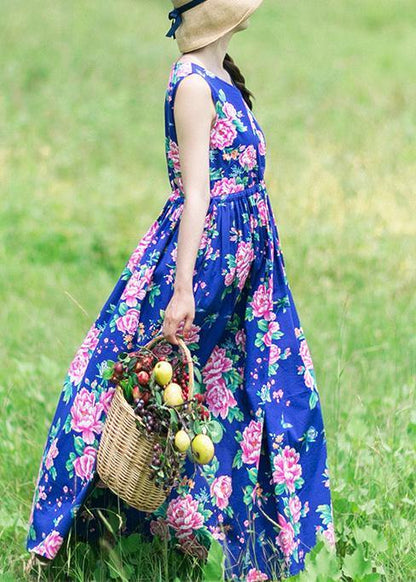 Diy Summer Sleeveless Clothes Work Blue Print Dresses
